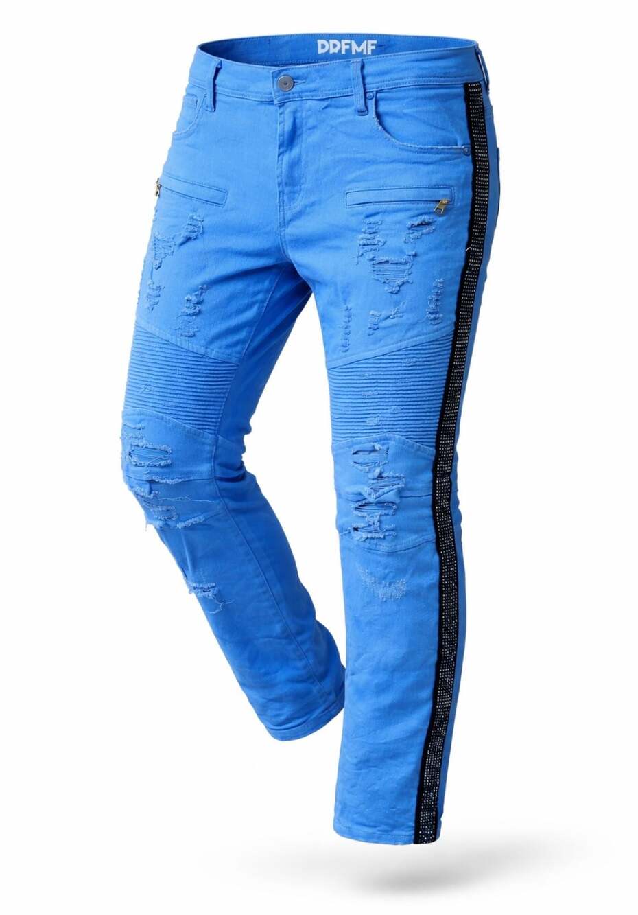 PREME Men's Blue Distressed Moto Biker Jeans with Rhinestone Side Stripes